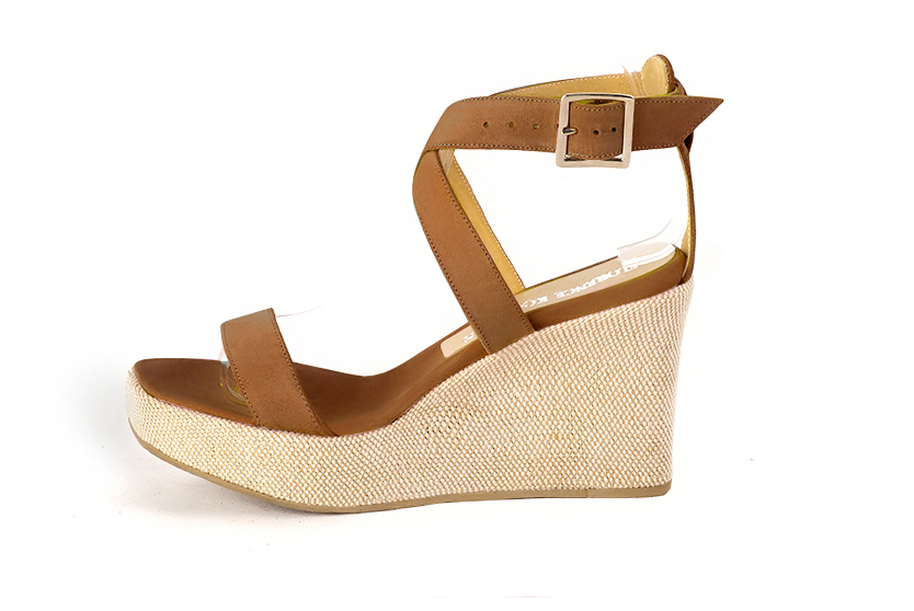Women's caramel brown elegant fully open cross straps sandals. .  - Profile view